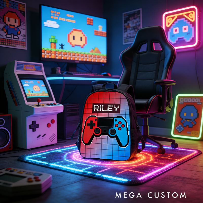 Personalized Cartoon Game Controller Backpack Custom Name for Kids and Game Lovers Birthday Black to School Christmas Gift