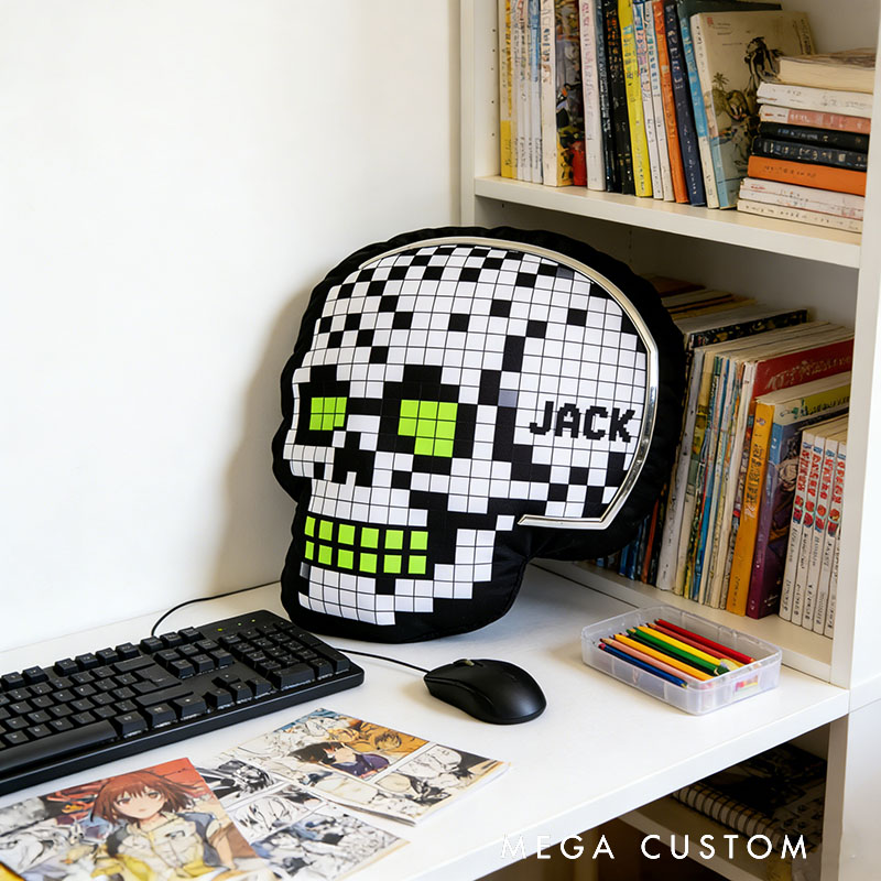 Personalized Game Pixel Skull Shaped Pillow for Game Lovers Plush Pillow Christmas Birthday Party Gift for Kids