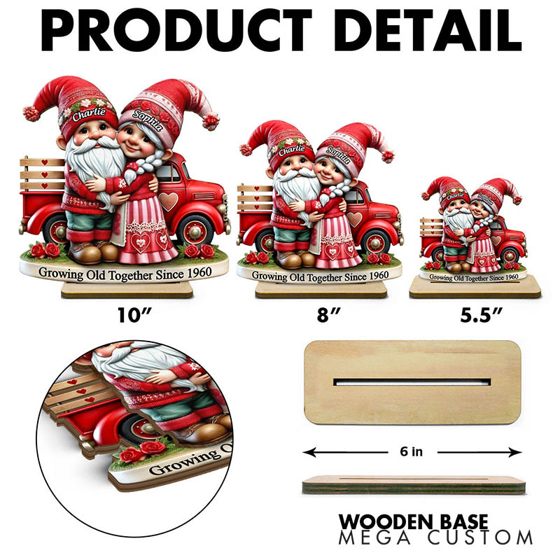 Personalized Couple Gnome Growing Old Together Standing Wooden Plaque 3D Effect Gnome Couple Truck Plaque Anniversary Valentines Day Gift for Him Her