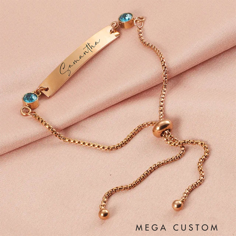 Personalized Birthstone Bracelet Engraved Bar Bracelet for Her with Any Name Custom Gift for Mum Sister Bridesmaid Auntie Girlfriend