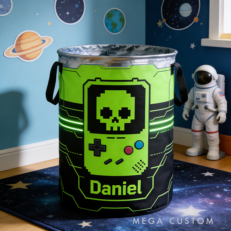 Personalized Retro Skull Game Machine Collapsible Storage Basket for Laundry Toys Organizer Game Lover Gift for Kids