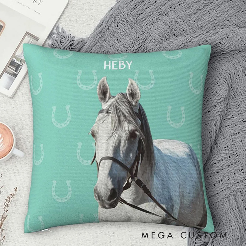 Personalized Horseshoe Horse Face Photo Throw Pillow Cover with Name Home Decor Birthday Anniversary Gift for Horse Owner Lover Equestrian Lovers