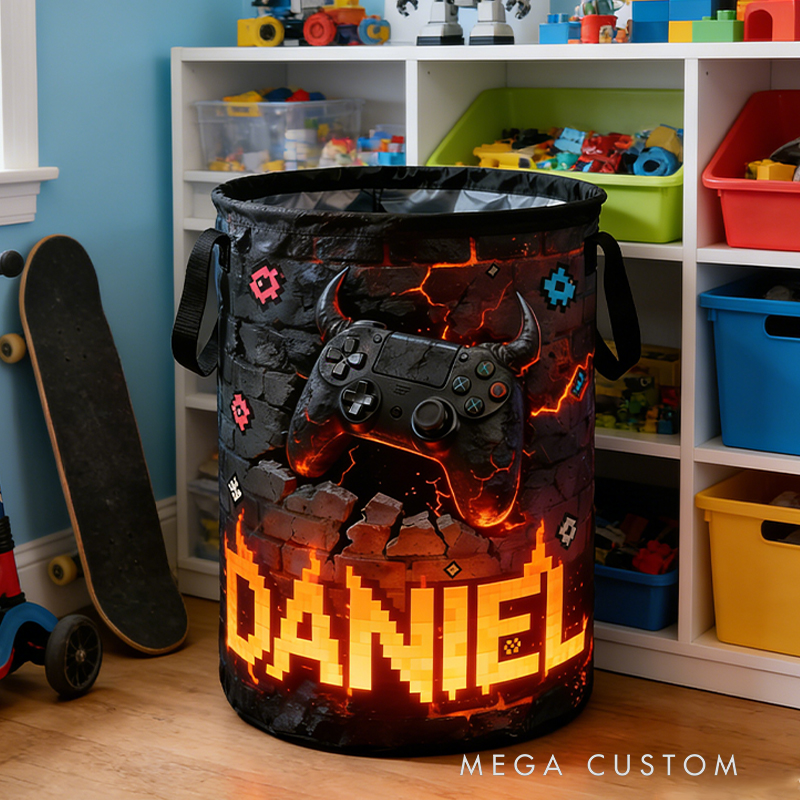 Personalized Retro Flame Game Controller Collapsible Storage Basket for Laundry Toys Organizer Game Lover Gift for Kids