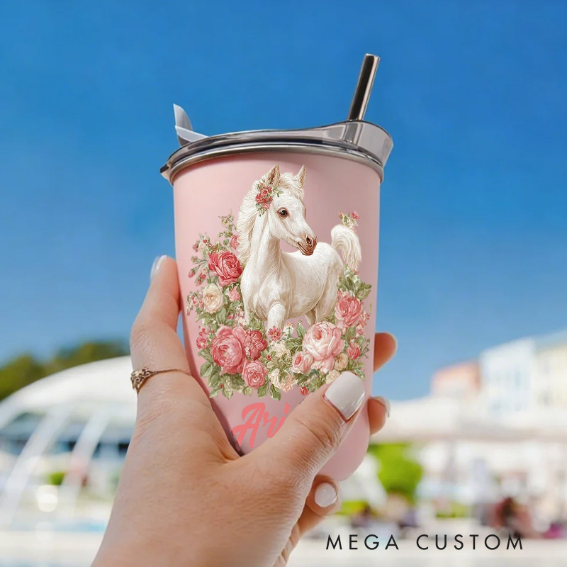 Personalized Floral Horse Equestrian Tumbler Watercolor Flower Insulated Travel Coffee Cup with Name Birthday Christmas Gift for Women Rider Horse Gift Riding Equestrian Lovers