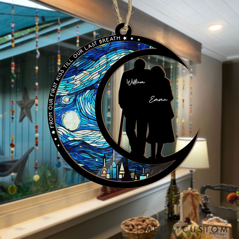 Personalized Couple From Our First Kiss Till Our Last Breath Suncatcher Moon Shaped Starry Night Style Window Decor Anniversary Valentines Day Gift