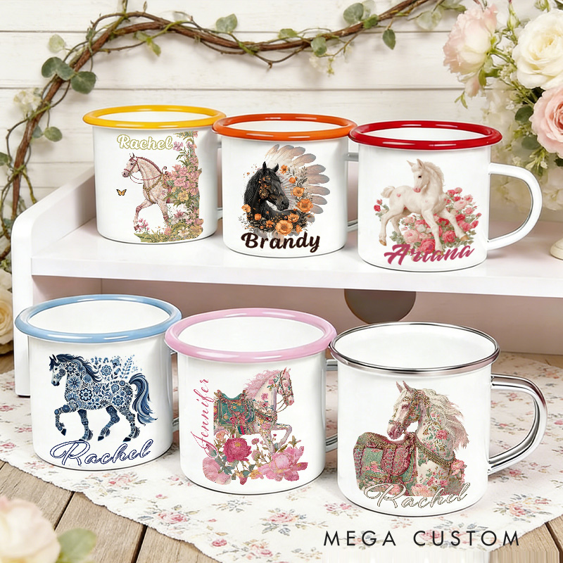 Personalized Floral Horse Equestrian Enamel Mug Watercolor Flower Insulated Travel Coffee Cup with Name Birthday Christmas Gift for Kids Girls Rider Horse Gift Riding Equestrian Lovers