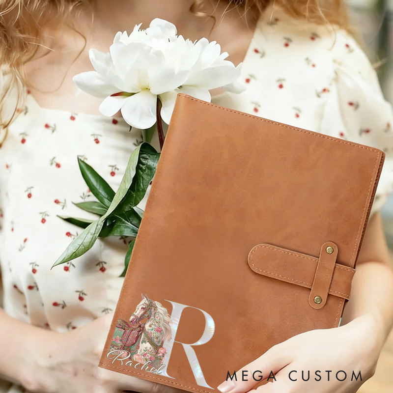 Personalized Horse Riding Initial Name PU Leather A5 Sketchbook Notebook Cover with Storage Pocket Birthday Gift for Horse Lovers Riding Lovers Equestrian Lovers