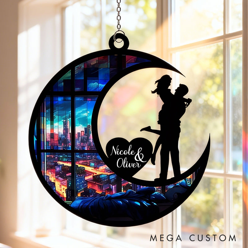 Personalized Couple Silhouette Love To The Moon and Back Suncatcher Custom Moon Shaped Window Decor Anniversary Gift Valentines Day Gift for Him Her