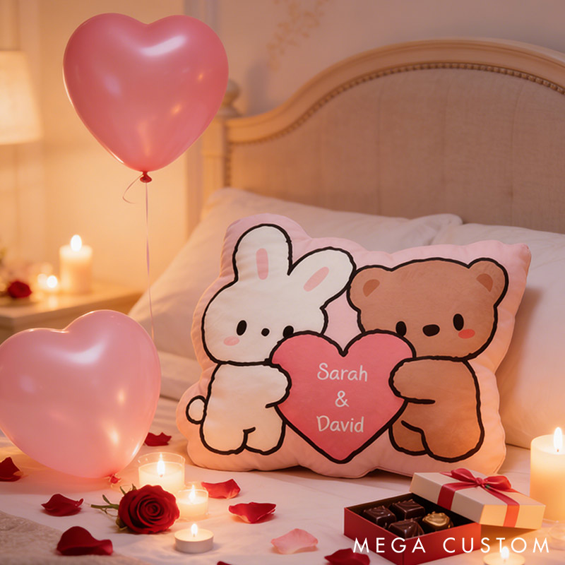 Personalized Bunny & Bear Throw Pillow Custom Names Couple Home Pillow Romantic Valentine's Day Gift for Girlfriend for Wife Friend
