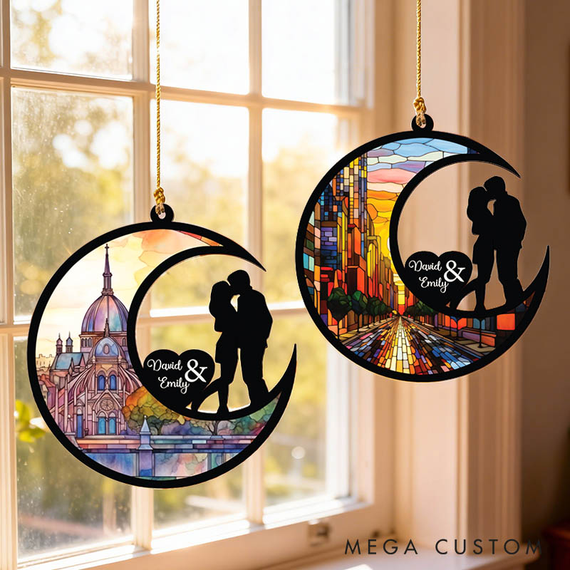 Personalized Couple Kissing Silhouette Love To The Moon and Back Suncatcher Custom Moon Shaped Window Decor Anniversary Gift Valentines Day Gift