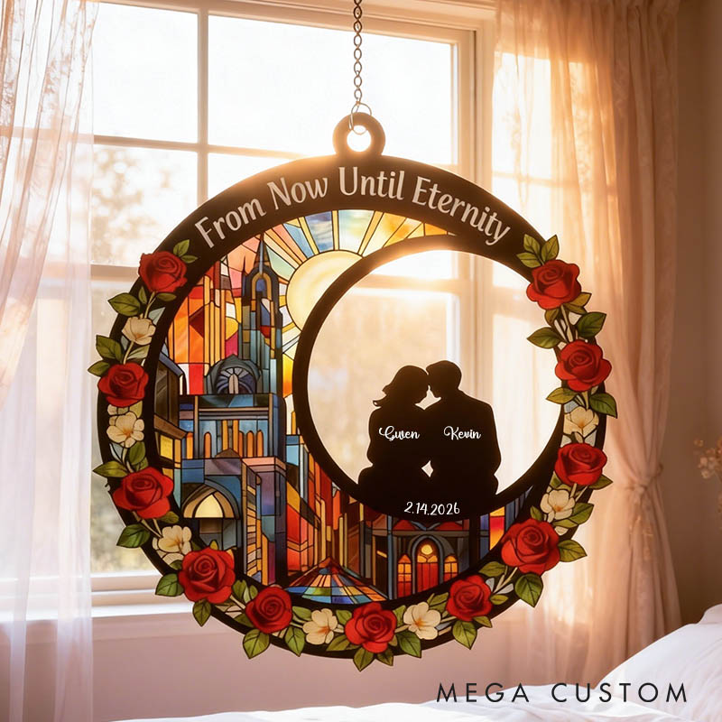 Personalized Couple Silhouette You and Me We Got This Suncatcher Custom Round Shaped Rose Flower Window Decor Anniversary Gift Valentines Day Gift