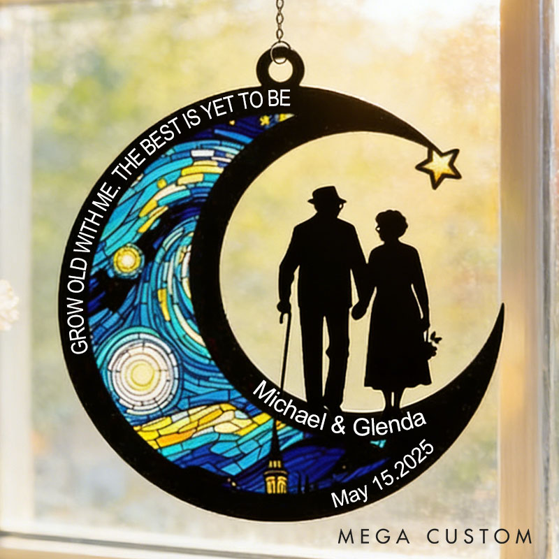Personalized Couple Silhouette You and Me Always and Forever Suncatcher Custom Moon Shaped Night Sky Window Decor Anniversary Gift Valentines Day Gift