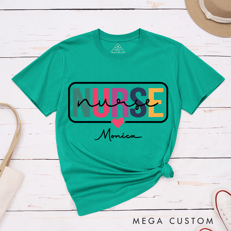 Personalized Nurse T-Shirts Colorful Care Nurse with Heart Fashion Design T-Shirts