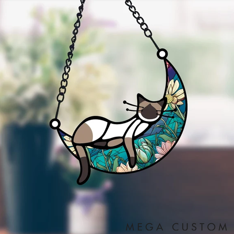 Personalized Cat Lover Sleeping Cat on Moon Sun Catcher