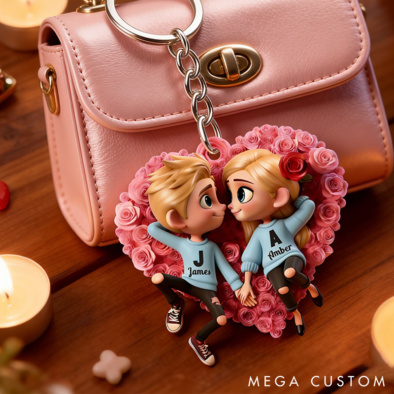 Personalized Couple Rose Heart Keychain Custom Features Initial Names Keychain Romantic Gift for Valentine's Day Gift for Couple For Him Her