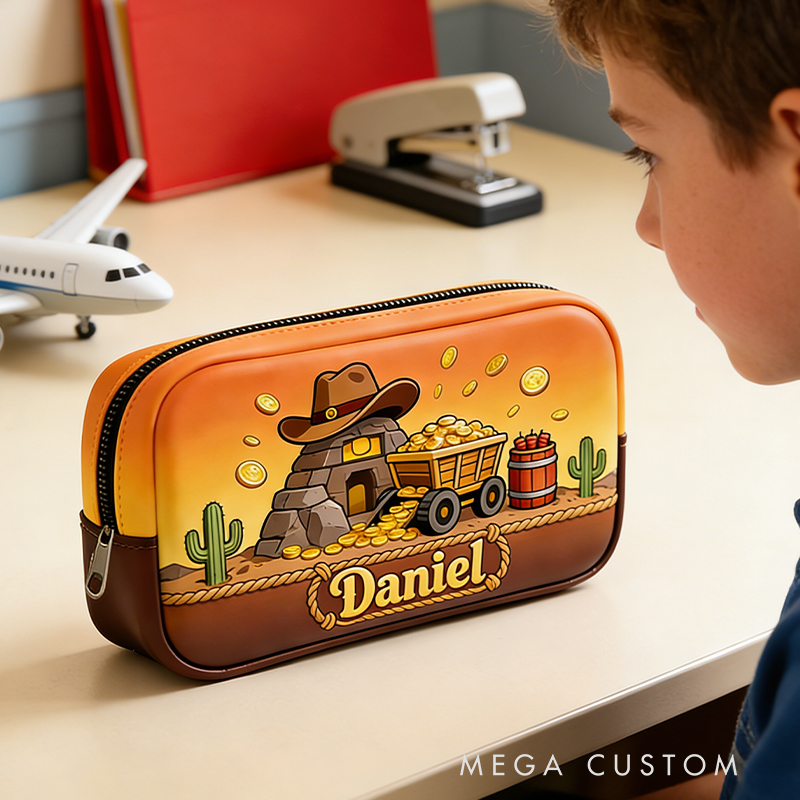 Personalized Cowboy Mining Pencil Case – Custom Name with Gold Mine & Cactus Design