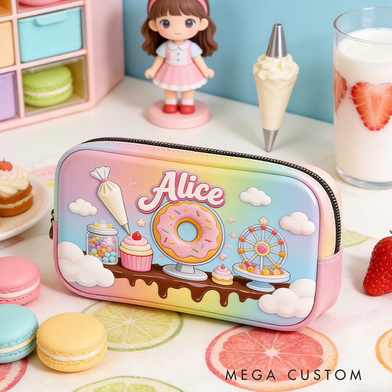 Personalized Pastel Dessert Carnival Pencil Case – Custom name with Donut Ferris Wheel & Cupcakes