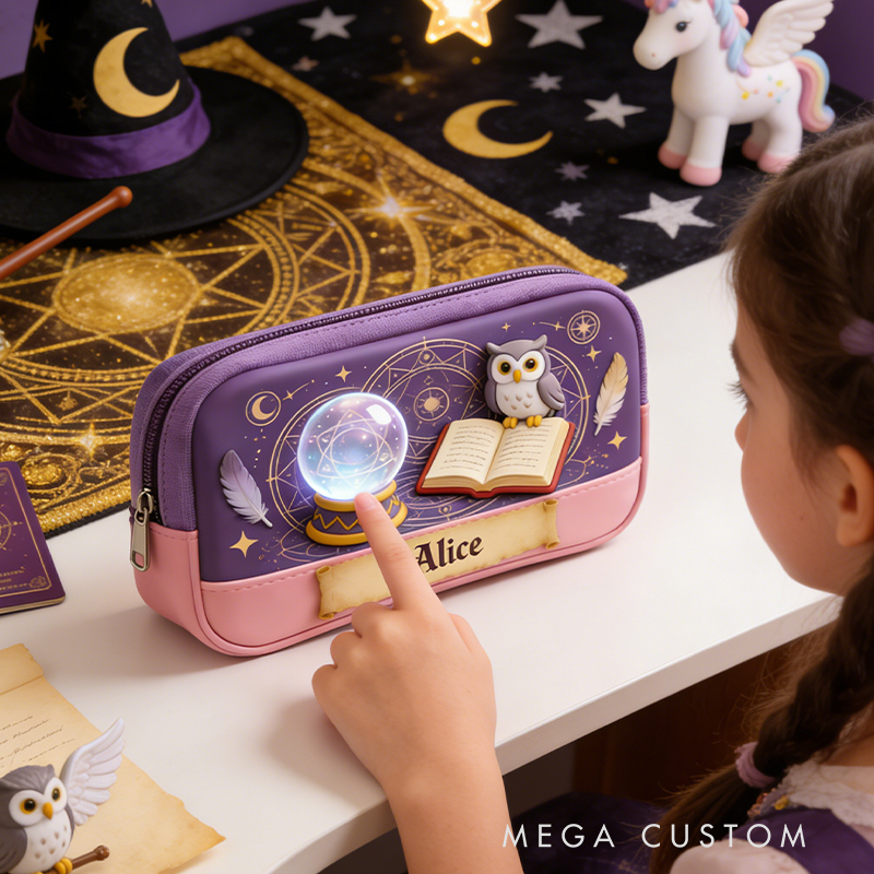 Personalized Mystical Owl Magic Pencil Case – Personalized with Crystal Ball & Spellbook Design