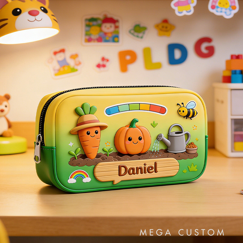 Personalized Cheerful Garden Pencil Case – Custom name with Smiling Carrot, Pumpkin & Rainbow