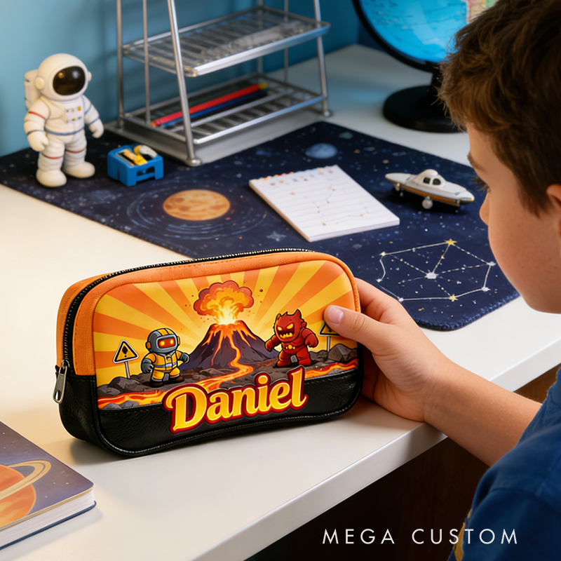 Personalized Space Explorer Pencil Case – Personalized name with Astronaut, Volcano & Alien Design