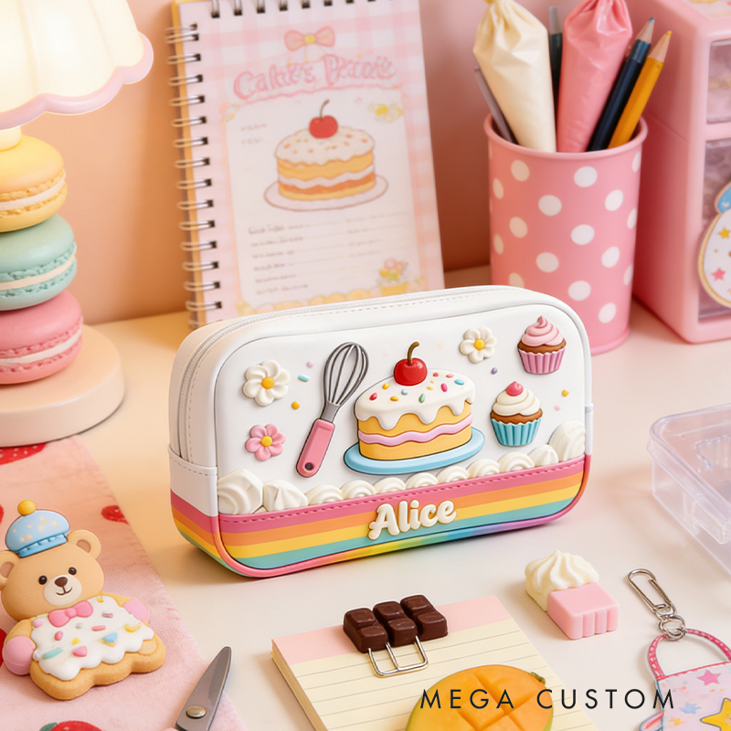 Personalized Sweet Celebration Pencil Case – Custom with 3D Cake, Cupcakes & Rainbow Trim