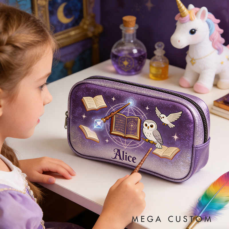 Personalized Wizard’s Library Pencil Case – Personalized with Floating Books, Owl & Crystal