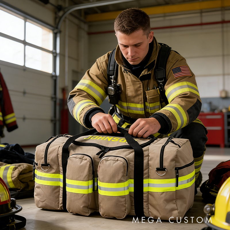Personalized Custom Firefighter Duty Travel Bag – Personalized Tactical Gear Bag with Reflective Stripes