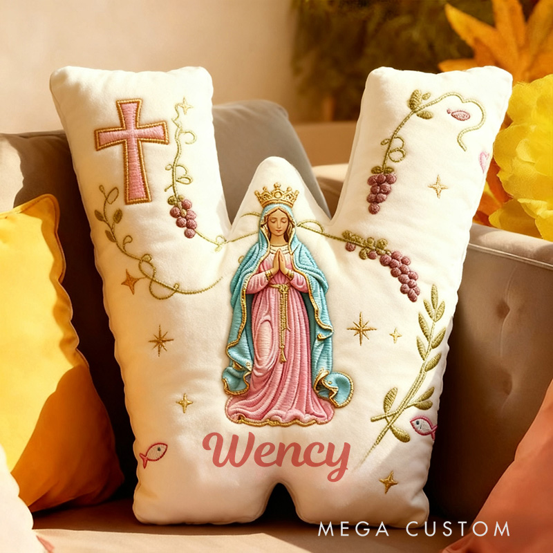 Personalized Cross Virgin Mary Letter Pillow with Custom Name Home Decor Graphic 3D Print Pillow Religious Faith Gift Catholic Gift