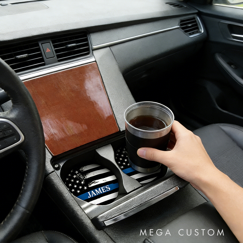 Personalized Custom Police Thin Blue Line Car Coasters – Personalized American Flag Auto Cup Holders (Set of 2)