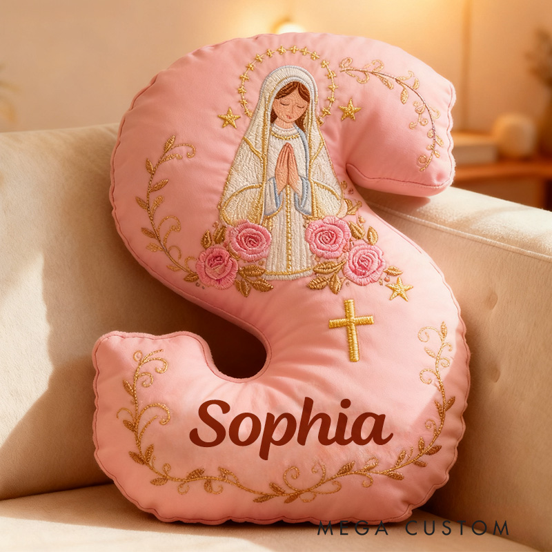Personalized Virgin Mary Pink Letter Pillow with Custom Name Catholic Home Decor Religious Gift for Her Catholic Gift for Women Graphic 3D Print Pillow