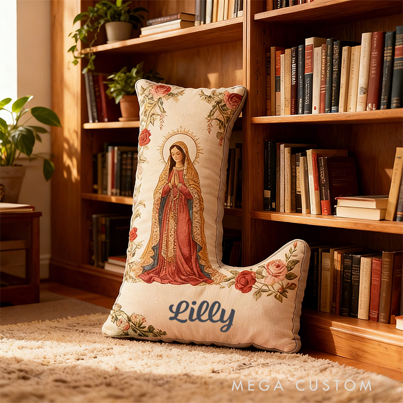 Personalized Our Lady of Guadalupe Rose Floral Graphic 3D Print Letter Pillow with Custom Name Religious Home Decor Catholic Gift for Women