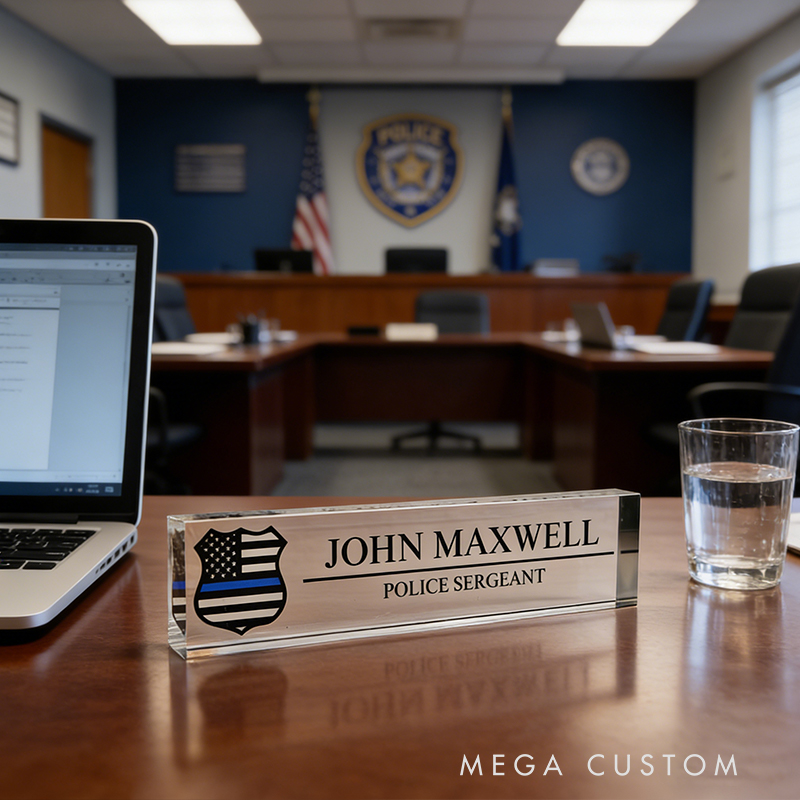 Personalized Custom Police Thin Blue Line Acrylic Desk Nameplate – Personalized Police Sergeant Office Plaque