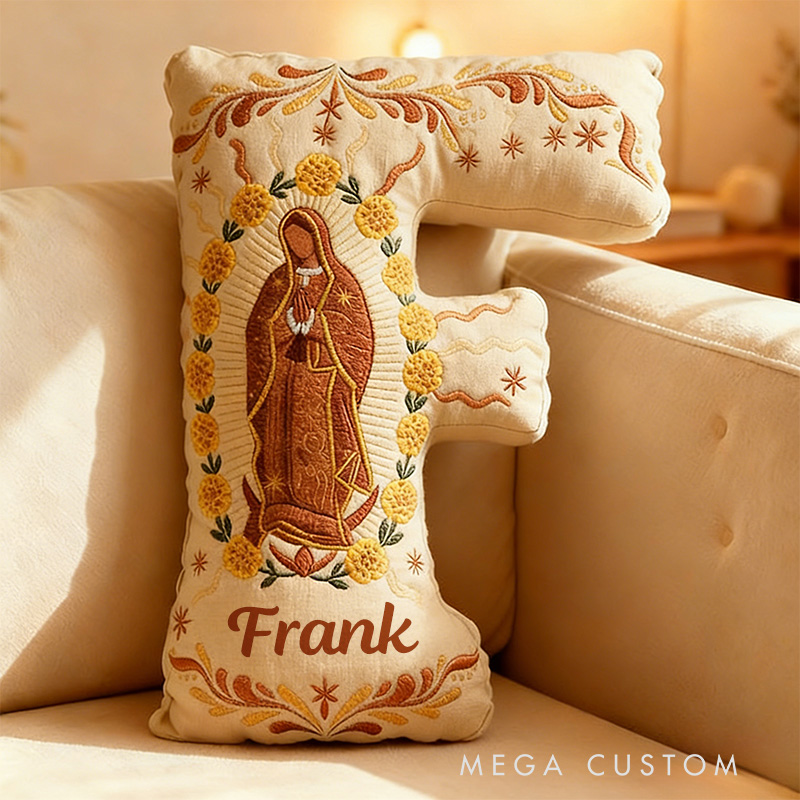 Personalized Our Lady of Guadalupe Marigold Letter Pillow with Custom Name Home Decor Religious Gift Catholic Gift for Women Graphic 3D Print