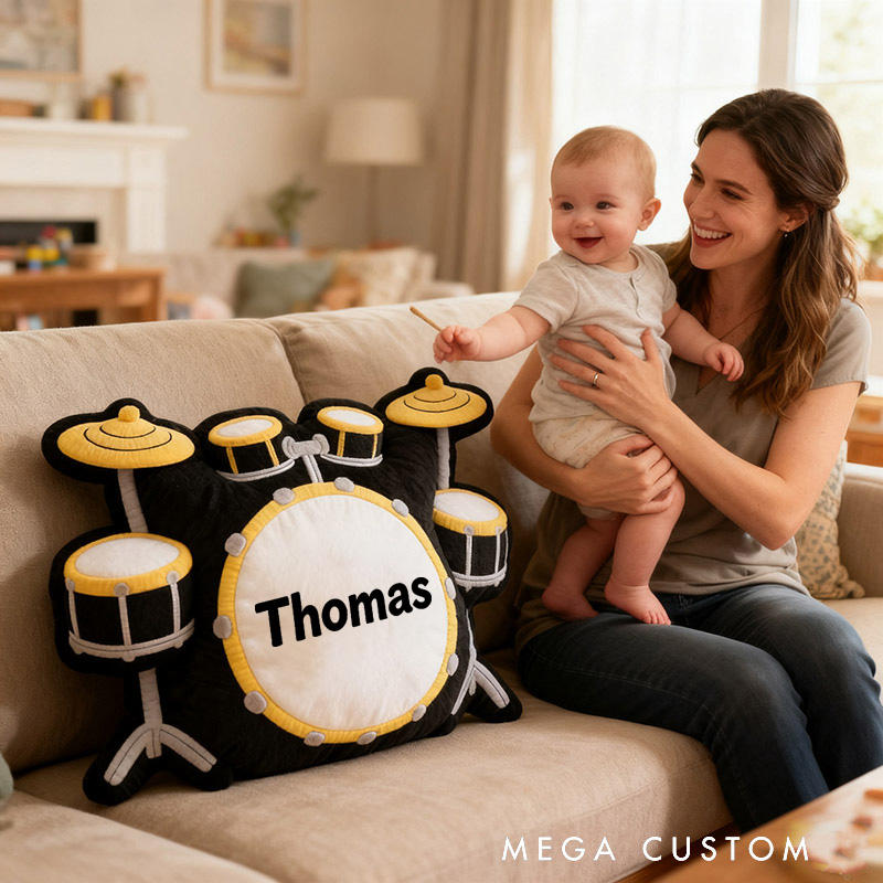 Personalized Graphic 3D Print Drum Set Pillow With Your Own Name Soft Stuffed Toy for Kids Unique Decorative Cushion for Boys' Room and Music Room