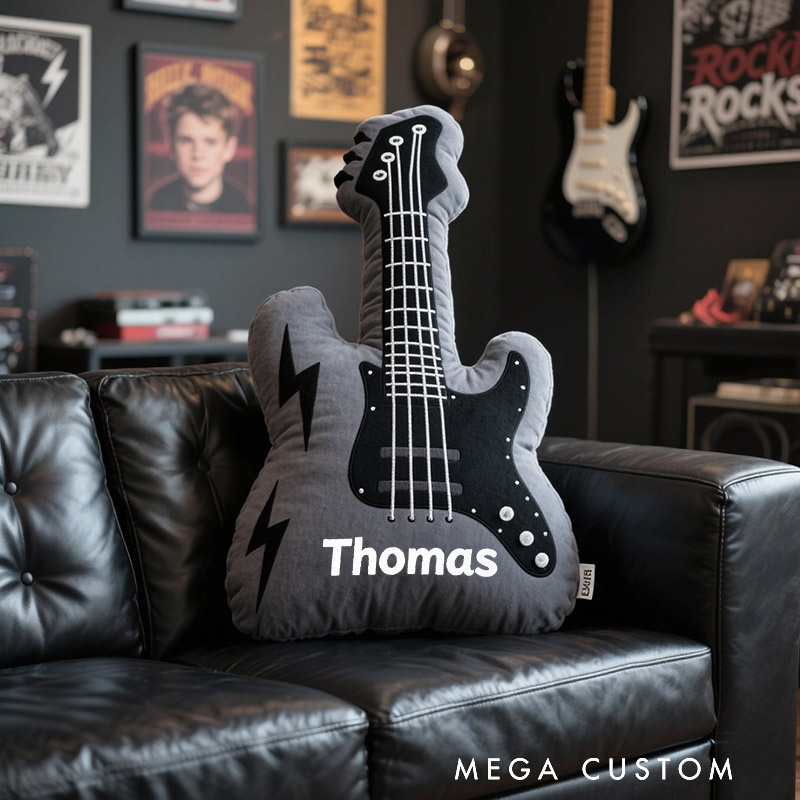 Personalized Graphic 3D Print Electric Guitar Pillow With Your Own Name Soft Stuffed Toy for Rock Music Lovers Unique Decorative Cushion for Boys' Room and Music Room