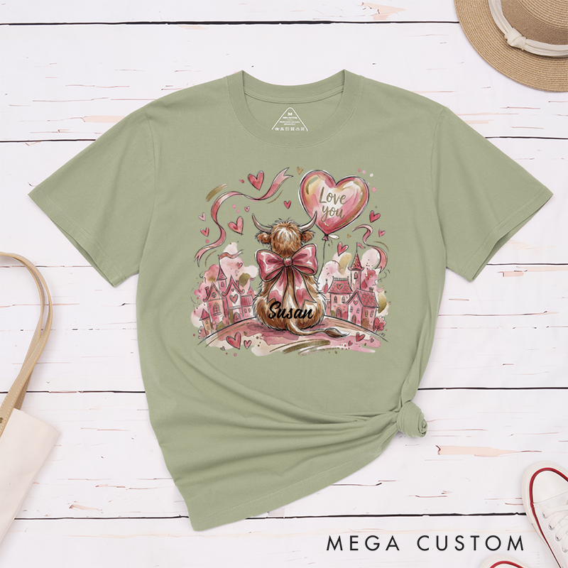 Personalized Pet Lover Valentine Highland Cow T-Shirt