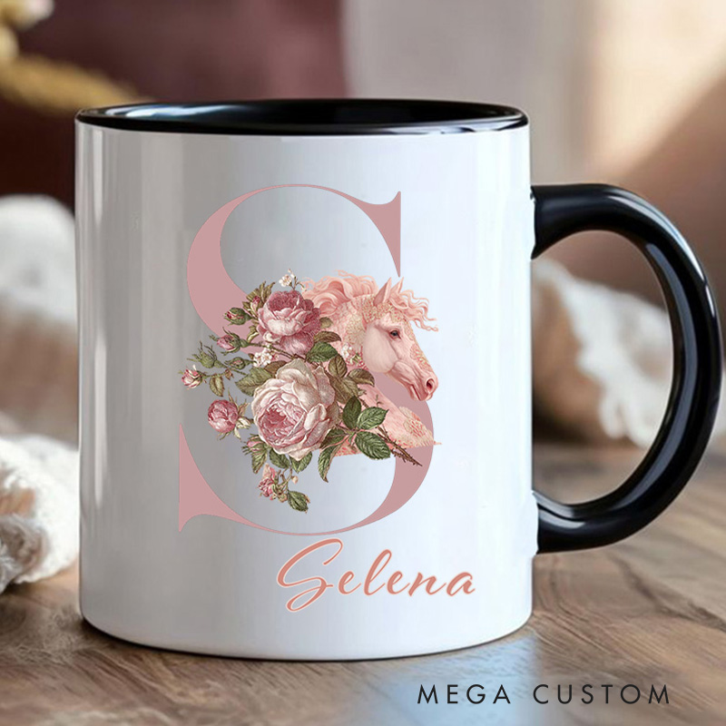 Personalized Initials 26 Letter Equestrian Mug Pink Flowers Horse Coffee Gift for Riding Lovers Equestrian Lovers