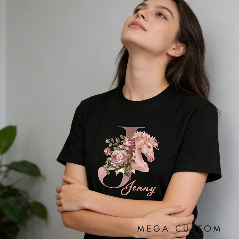 Personalized Horse Riding Initial Name Classic T-shirt for Women for Girls for Horse Lovers Riding Lovers Equestrian Lovers