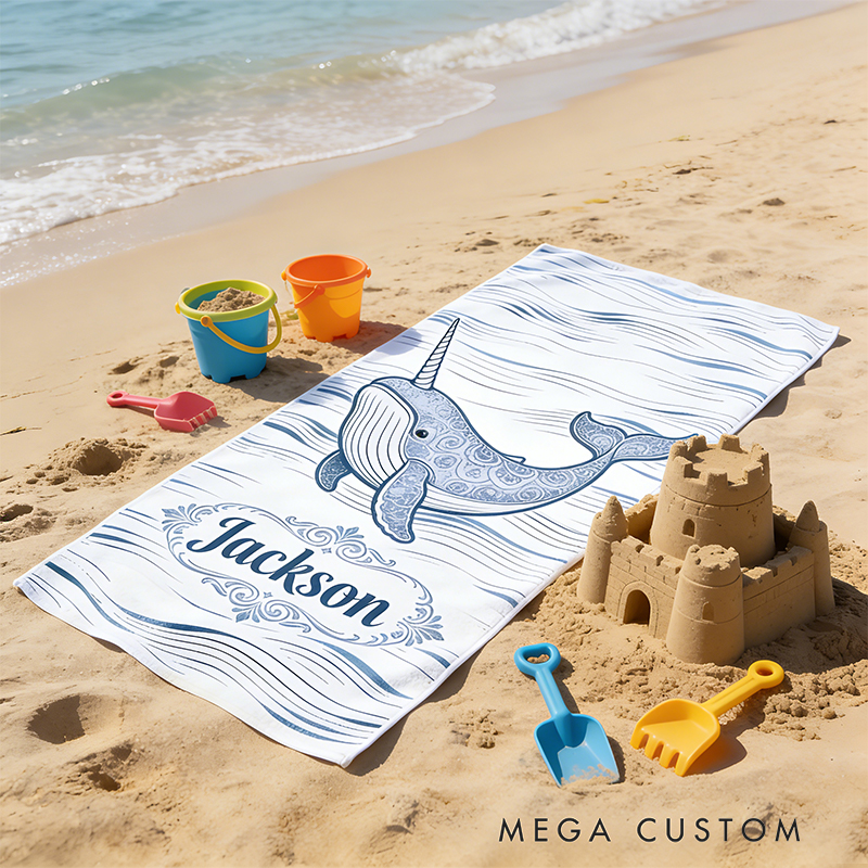 Personalized Custom Ocean Animal Beach Towel - Personalized whale Monogrammed Beach Towel for Kids & Adults, Quick-Dry Beach Pool Towel with Coastal Wave Design