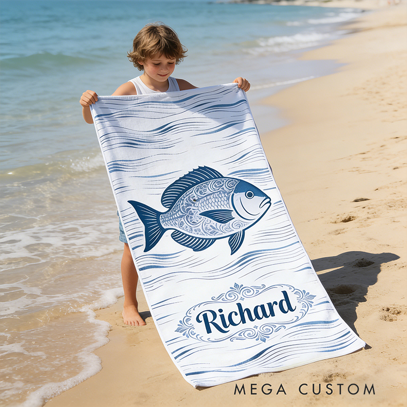 Personalized Custom Fish Design Beach Towel - Personalized Monogrammed Coastal Wave Beach Towel, Quick-Dry Absorbent Pool Towel for Summer