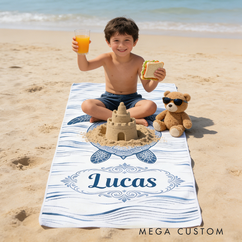 Personalized Custom Ocean Animal Beach Towel - Personalized sea ​​turtle Monogrammed Beach Towel for Kids & Adults, Quick-Dry Beach Pool Towel with Coastal Wave Design