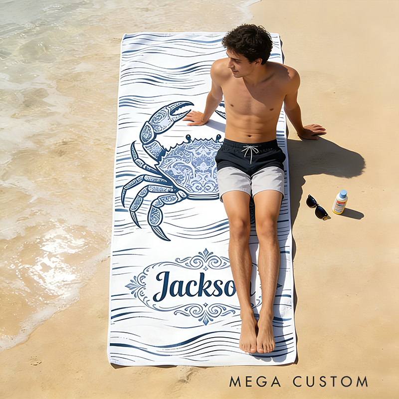 Personalized Custom Ocean Animal Beach Towel - Personalized Crab Monogrammed Beach Towel for Kids & Adults, Quick-Dry Beach Pool Towel with Coastal Wave Design