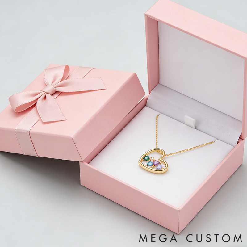 Personalized Sterling Silver Heart Holding Hearts Customizable Family Birthstone Colors and Counts Necklace