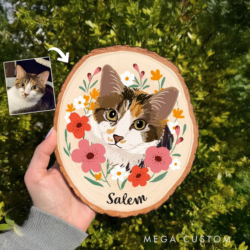 Personalized Custom Pet Portrait on Wood Slice Personalized Pet Painting from Photo Floral Themed Pet Keepsake Gift for Pet Lovers