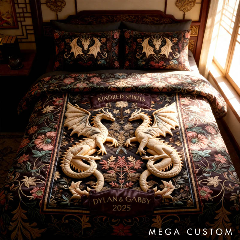 Personalized Couple Folk Medieval Dragon Bed Set Custom Kindred Spirits Graphic 3D Printed Bedding Decor with Name Anniversary Valentines Day Gift