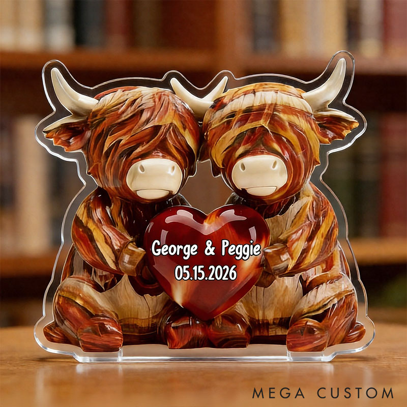 Personalized Highland Cow Couple with Heart Acrylic Plaque Custom Faux Wood Plaque with Name Anniversary Gift for Him Her Valentines Day Gift