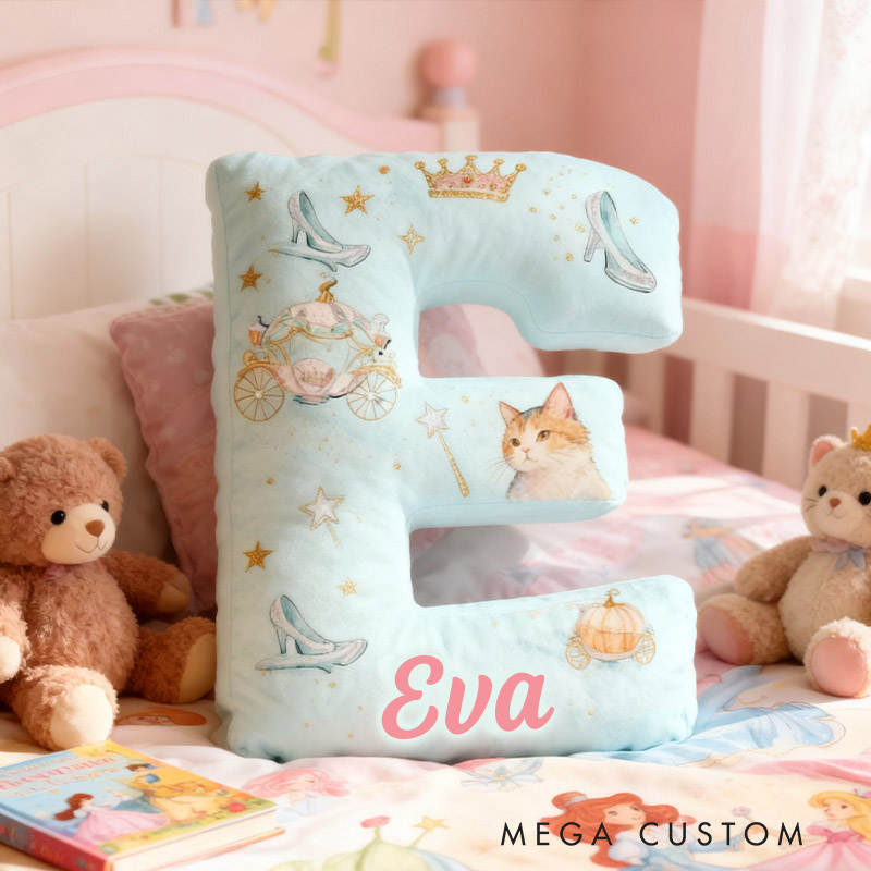 Personalized Cat Lover Crown Crystal Shoes Pumpkin Carriage Letter Pillow with Custom Name Graphic 3D Print