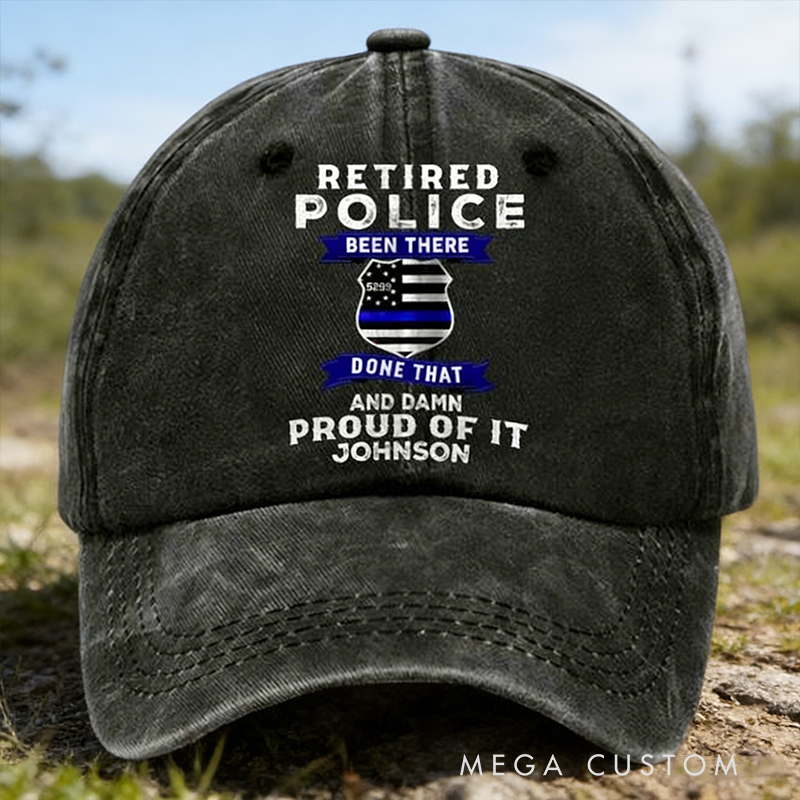 Personalized Retired Police Hat Custom Name Distressed Washed Cotton Baseball Cap Gift for Police Officers and Retired Law Enforcement