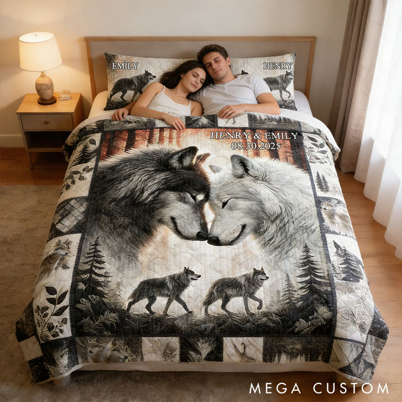 Personalized Couple Wolf Bed Set Custom Forest Moon Wolf Couple Graphic 3D Printed Bedding Decor with Name Anniversary Valentines Day Gift for Her Him