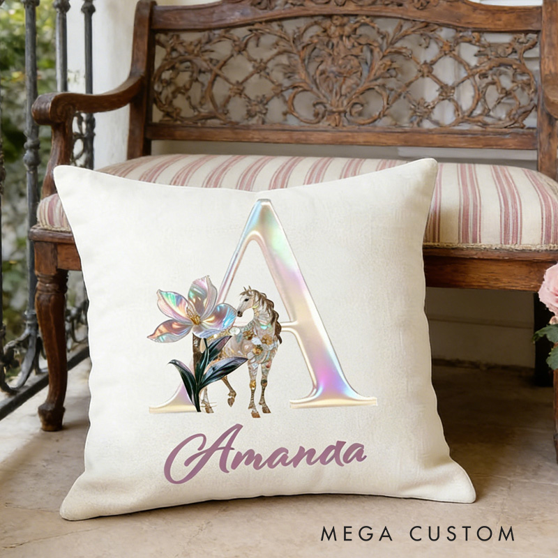 Personalized Horse Riding Birth Flower Initial Throw Pillow Cover with Name Home Decor Birthday Anniversary Gift for Horse Owner Lover Riding Lovers Equestrian Lovers